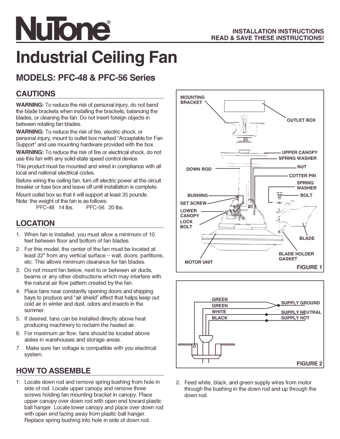 NuTone installation instructions Industrial Ceiling Fan, Models PFC-48 & PFC-56 Series, Location, HOW to Assemble 