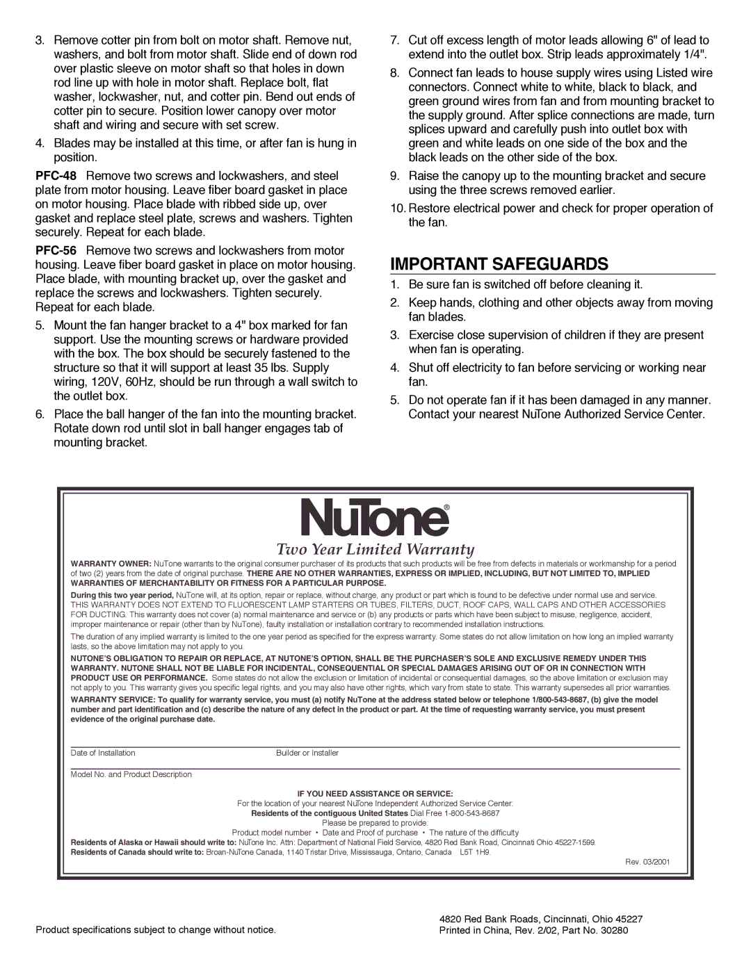 NuTone PFC-48, PFC-56 Important Safeguards, Two Year Limited Warranty, If YOU Need Assistance or Service 