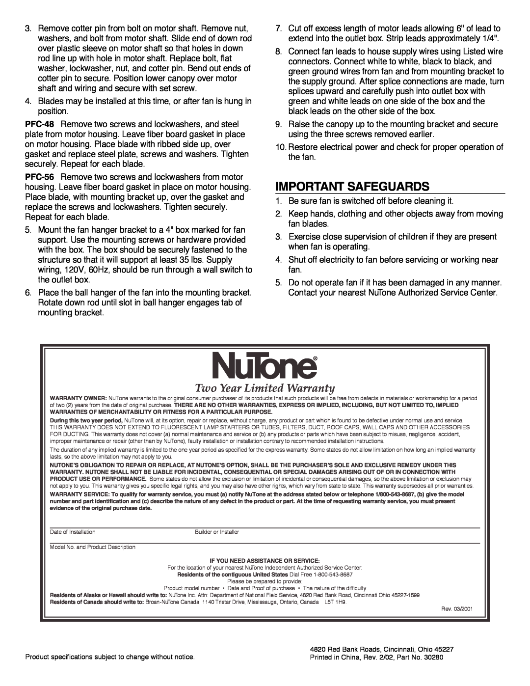 NuTone PFC-48, PFC-56 installation instructions Important Safeguards, Two Year Limited Warranty 