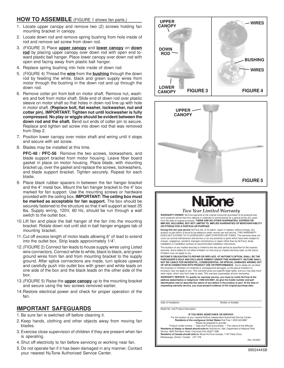 NuTone PFC-56II, PFC-48II installation instructions Important Safeguards, Upper Canopy Down ROD Lower Wires Bushing 