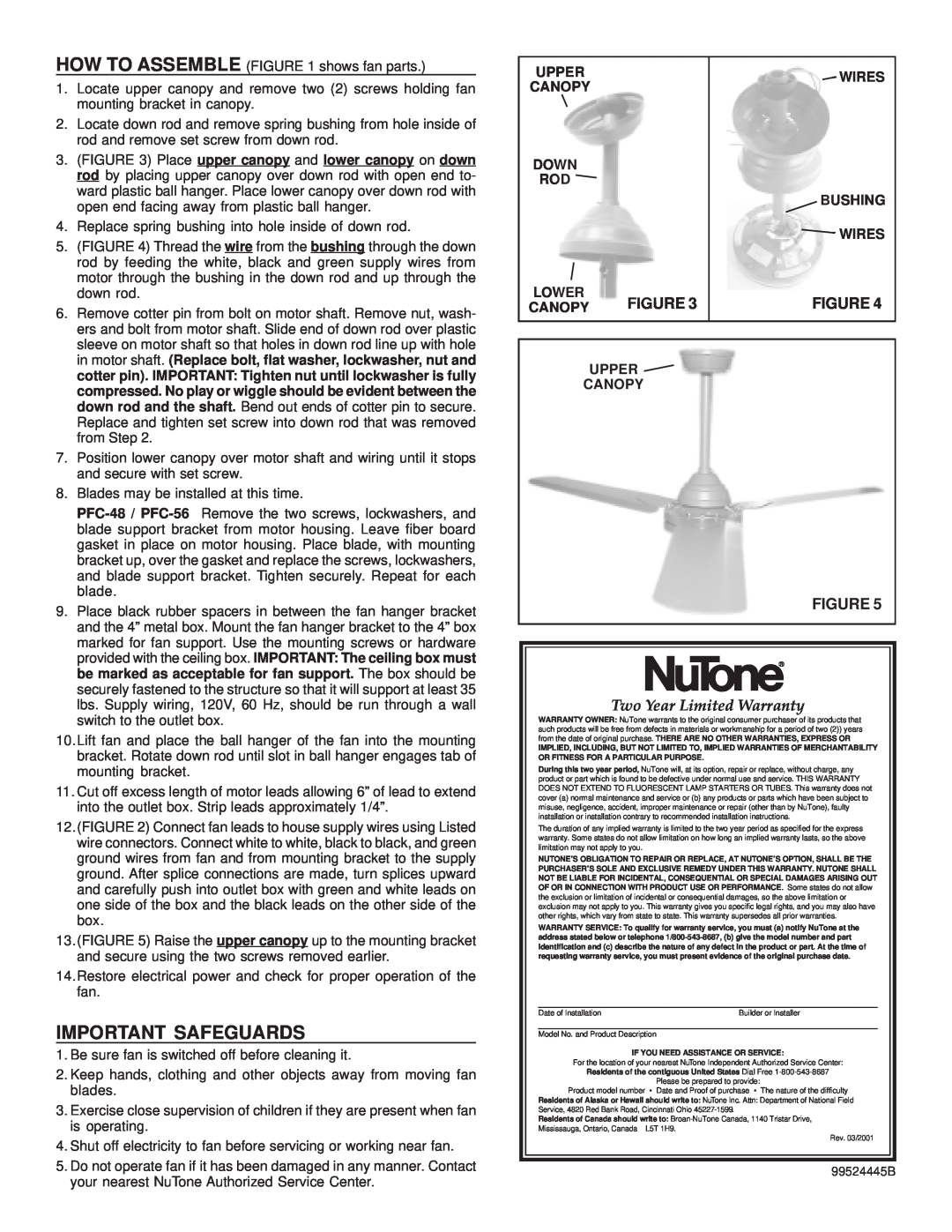NuTone PFC-56II, PFC-48II installation instructions Important Safeguards, Two Year Limited Warranty 