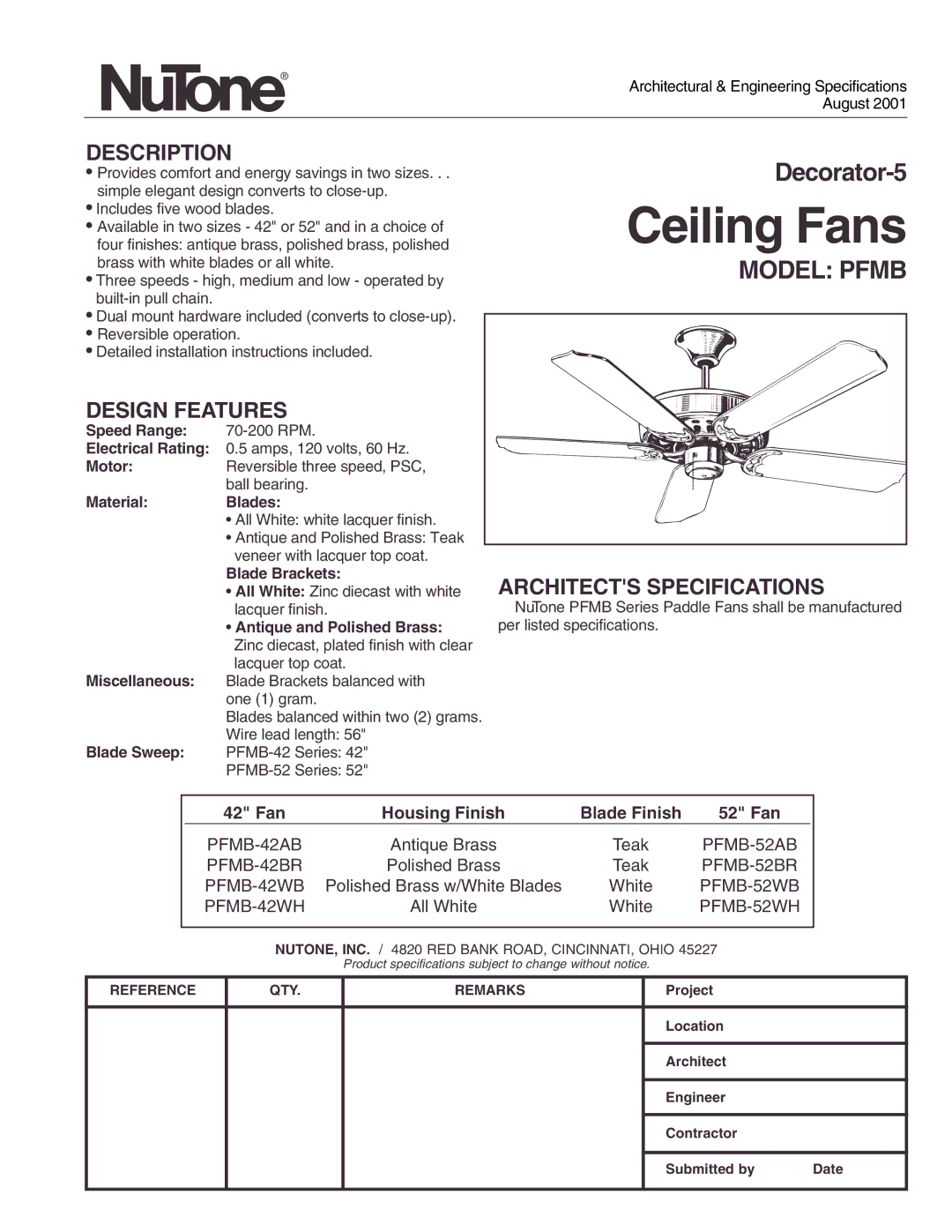 NuTone PFMB specifications Ceiling Fans, Model Pfmb, Description, Design Features, Architects Specifications 