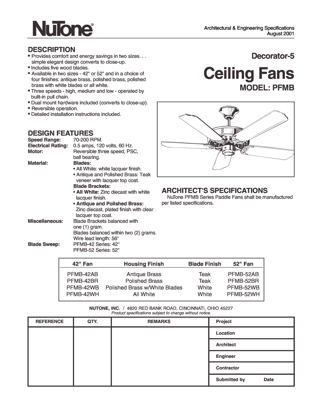 NuTone PFMB specifications Ceiling Fans, Decorator-5, Model Pfmb, Description, Design Features, Architects Specifications 