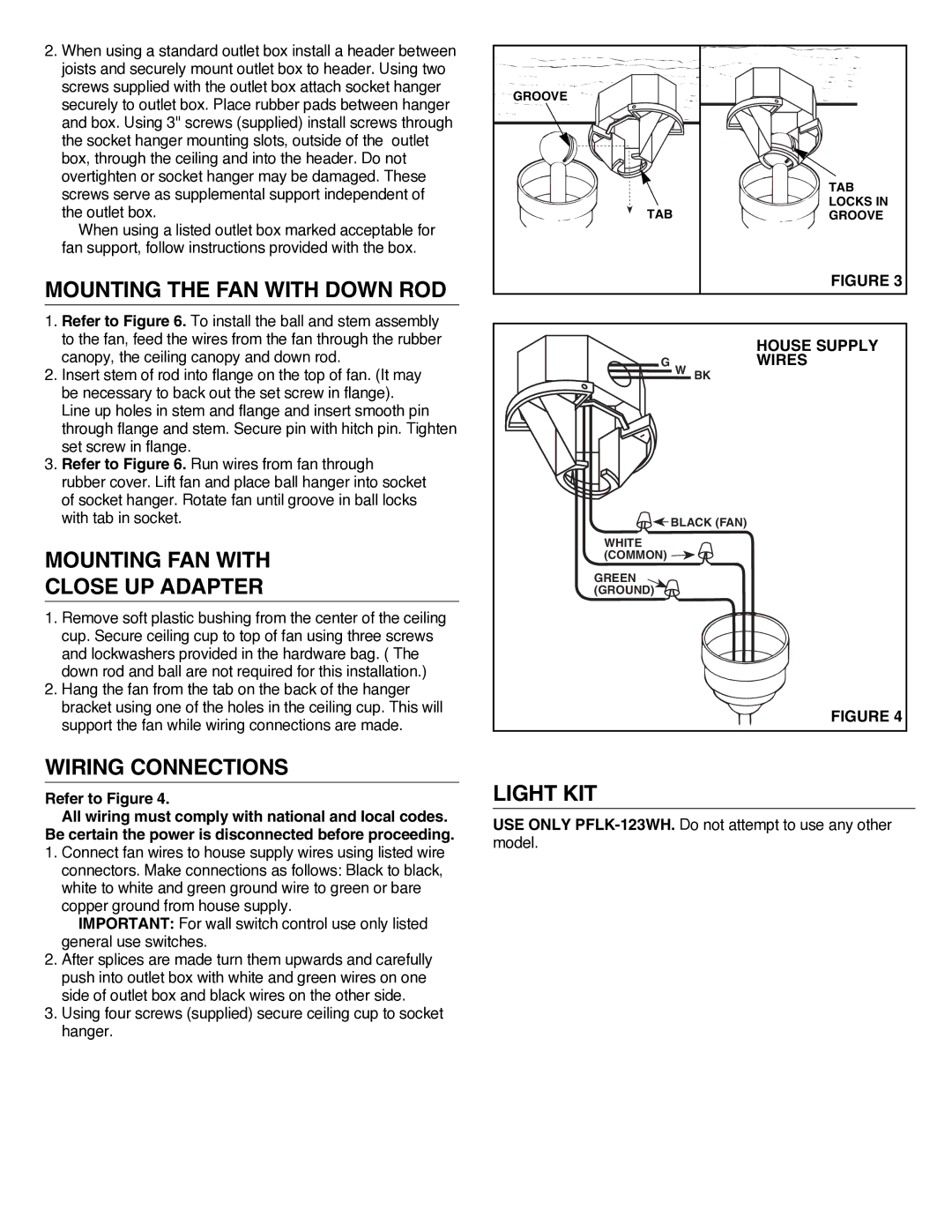 NuTone PFOB-52 Mounting the FAN with Down ROD, Mounting FAN with Close UP Adapter, Wiring Connections, Light KIT 