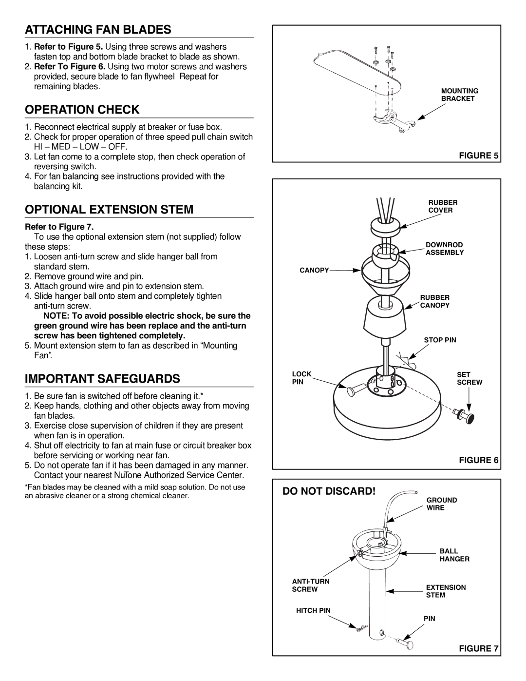 NuTone PFOB-52 Attaching FAN Blades, Operation Check, Optional Extension Stem, Important Safeguards 