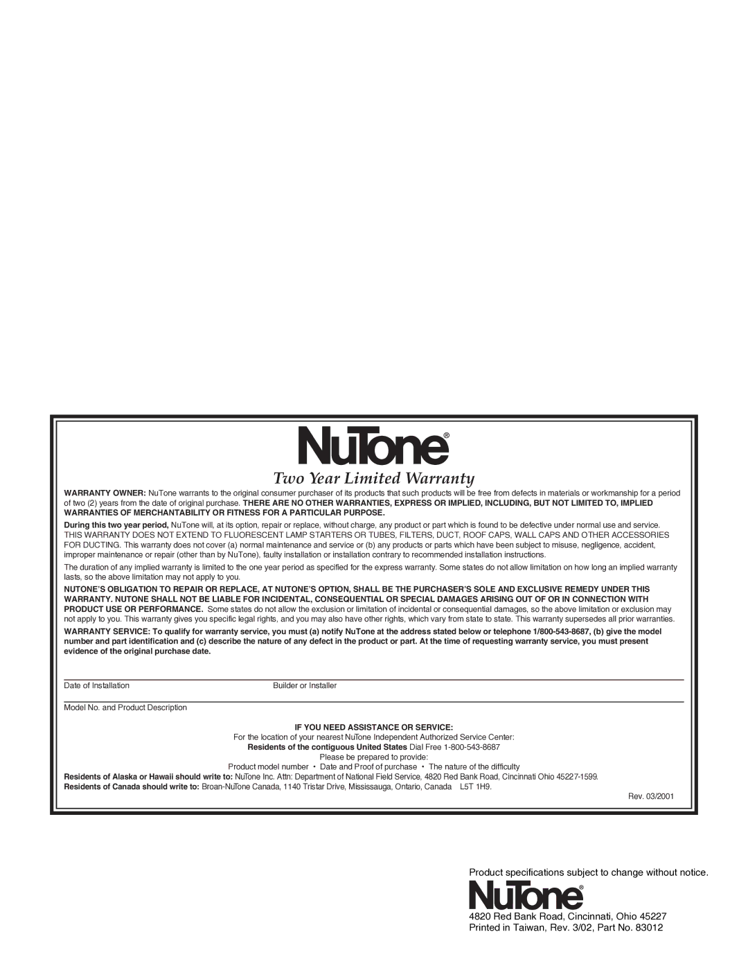 NuTone PFOB-52 installation instructions Two Year Limited Warranty 