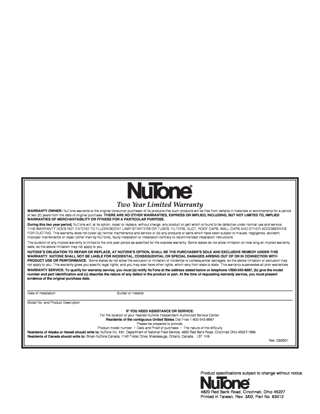 NuTone PFOB-52 installation instructions Two Year Limited Warranty, Red Bank Road, Cincinnati, Ohio 