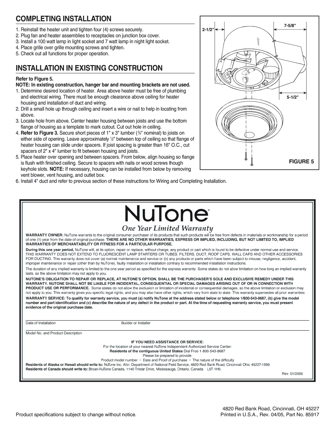 NuTone QT-9093 installation instructions Completing Installation, Installation in Existing Construction 