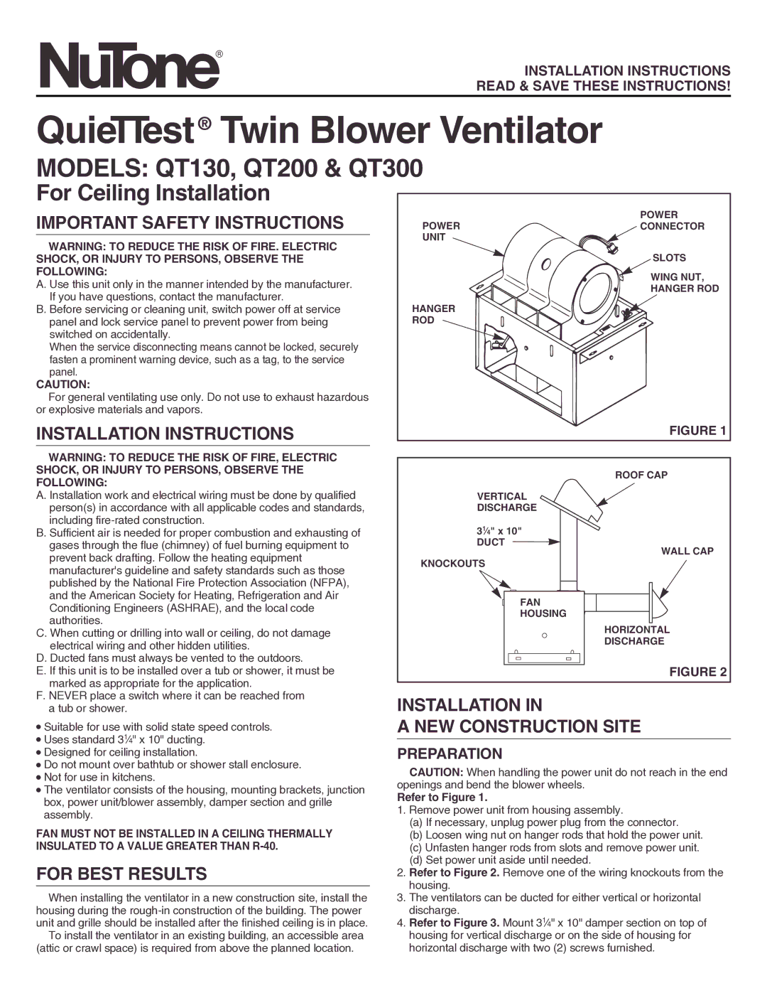 NuTone installation instructions QuieTTest Twin Blower Ventilator, Models QT130, QT200 & QT300 