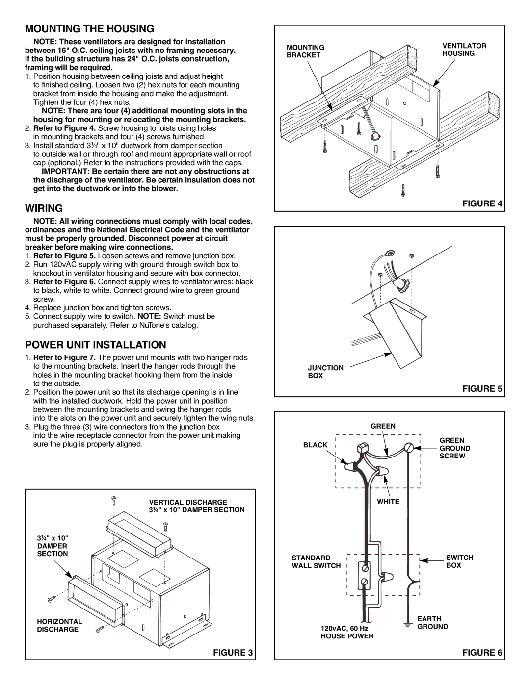 NuTone QT130, QT200 & QT300 installation instructions Mounting the Housing, Wiring, Power Unit Installation 