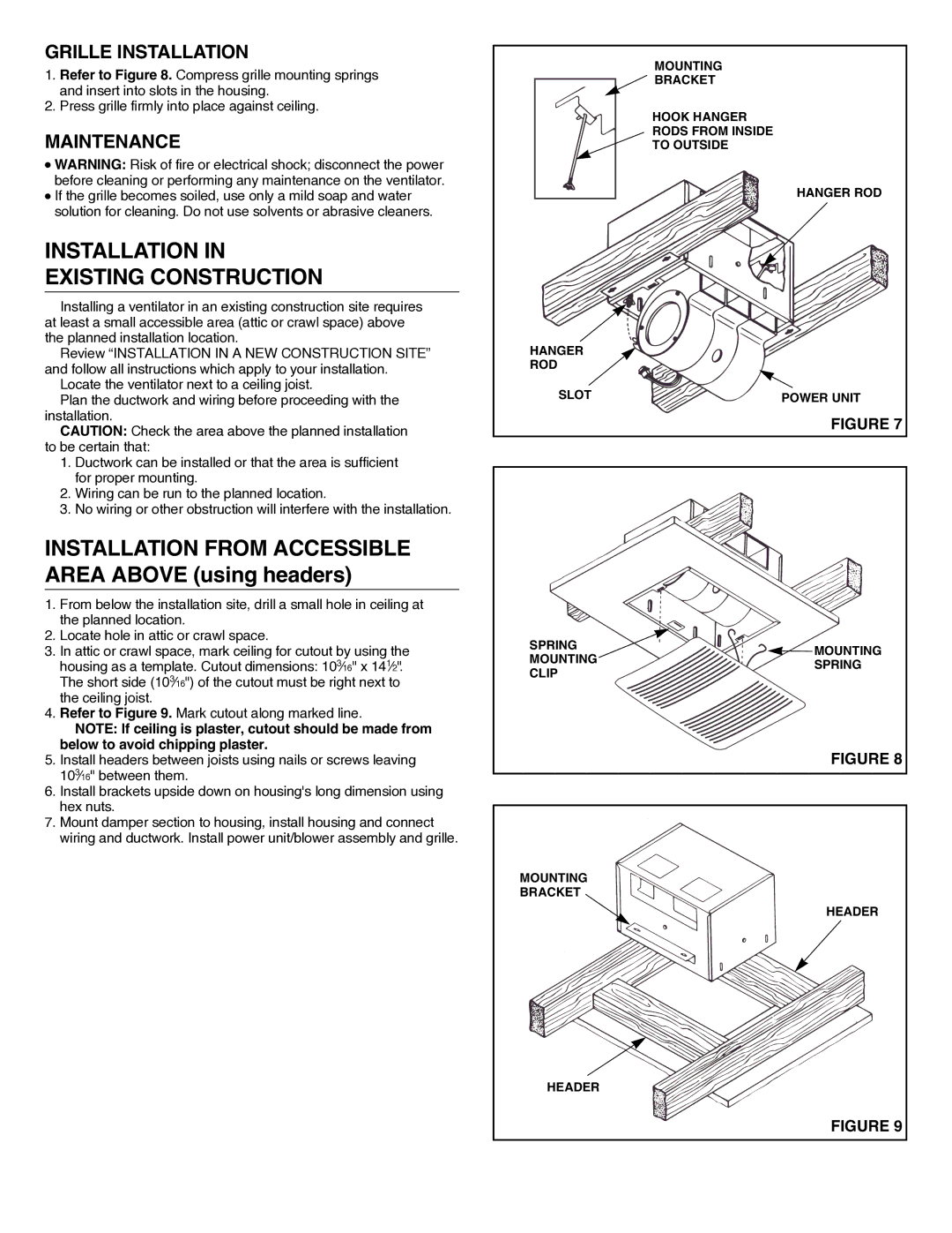 NuTone QT200 & QT300, QT130 installation instructions Installation Existing Construction, Grille Installation, Maintenance 