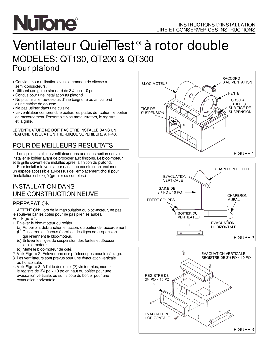 NuTone Ventilateur QuieTTest à rotor double, Modeles QT130, QT200 & QT300, Pour plafond, Pour DE Meilleurs Resultats 