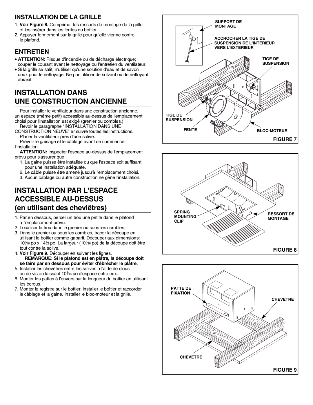 NuTone QT130, QT200 & QT300 Installation Dans UNE Construction Ancienne, Installation DE LA Grille, Entretien 