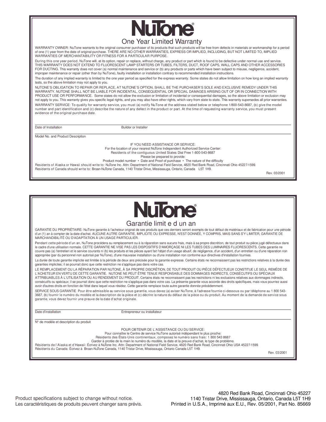 NuTone QT200 & QT300, QT130 installation instructions One Year Limited Warranty, Red Bank Road, Cincinnati Ohio 