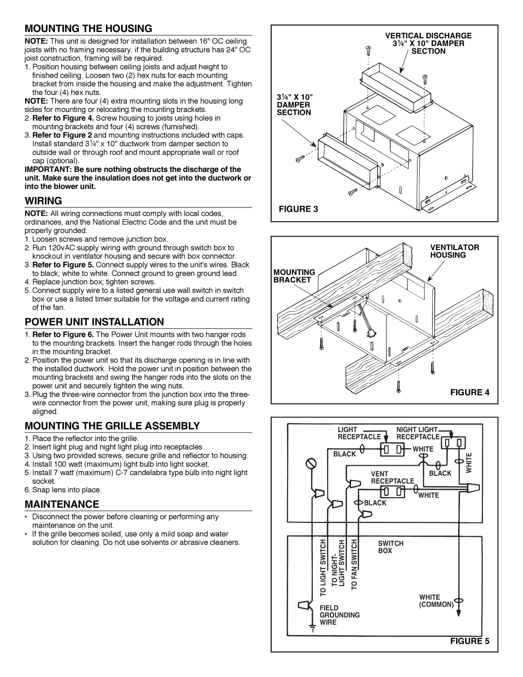 NuTone QT140L Mounting the Housing, Wiring, Power Unit Installation, Mounting the Grille Assembly, Maintenance 