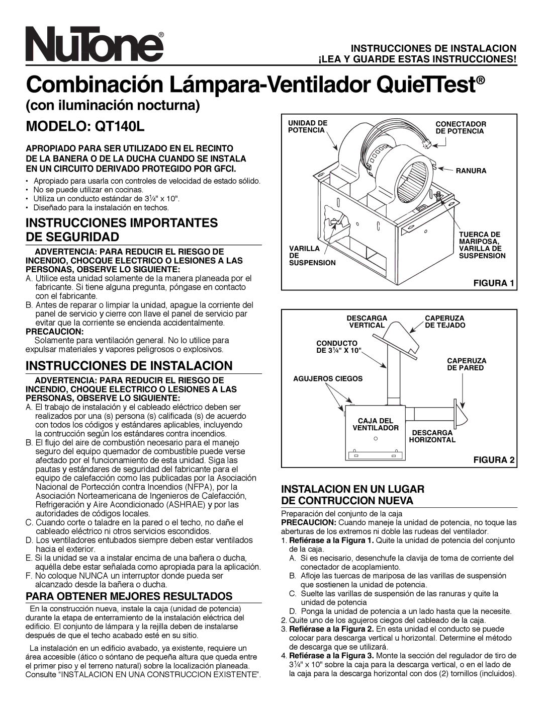 NuTone QT140L installation instructions Combinación Lámpara-Ventilador QuieTTest, Instrucciones Importantes DE Seguridad 