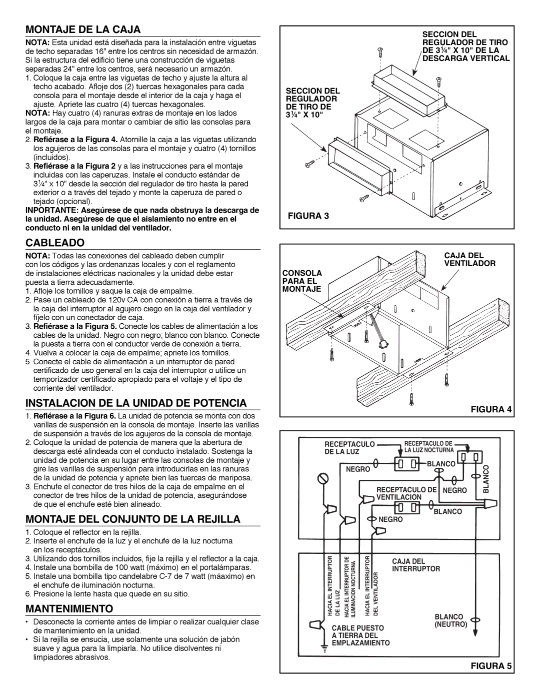 NuTone QT140L Montaje DE LA Caja, Cableado, Instalacion DE LA Unidad DE Potencia, Montaje DEL Conjunto DE LA Rejilla 