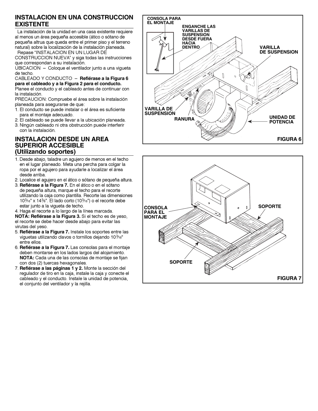 NuTone QT140L Instalacion EN UNA Construccion Existente, Varilla, DE Suspension, Consola Soporte Para EL Montaje 