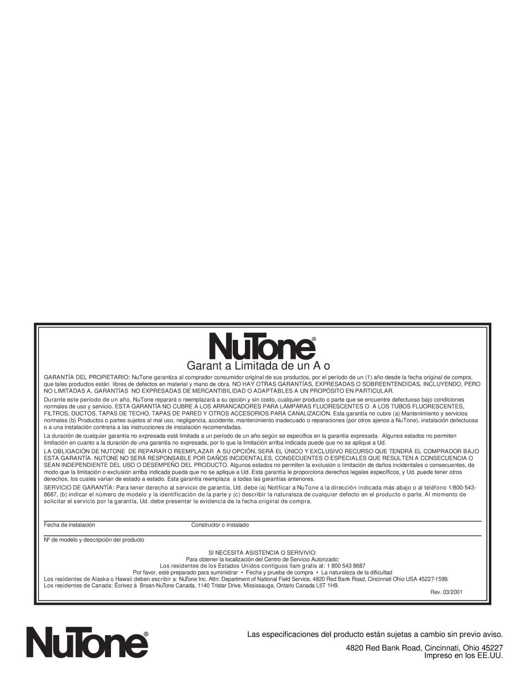 NuTone QT140L installation instructions Garantía Limitada de un Año, SI Necesita Asistencia O Serivivio 