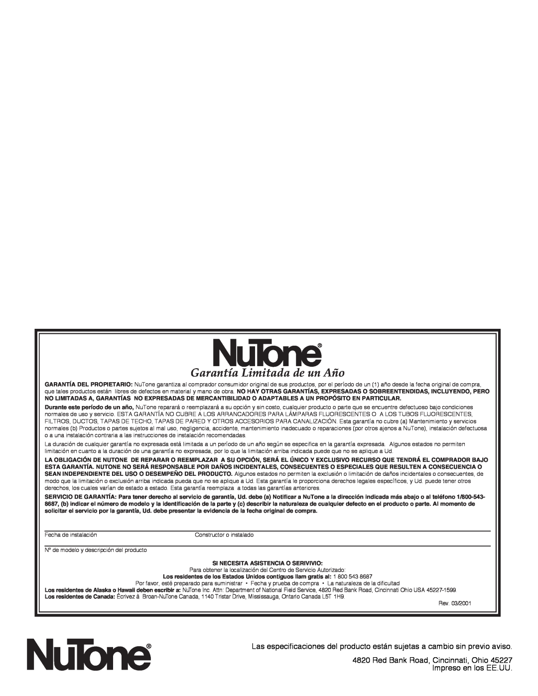 NuTone QT140L installation instructions Garantía Limitada de un Año 