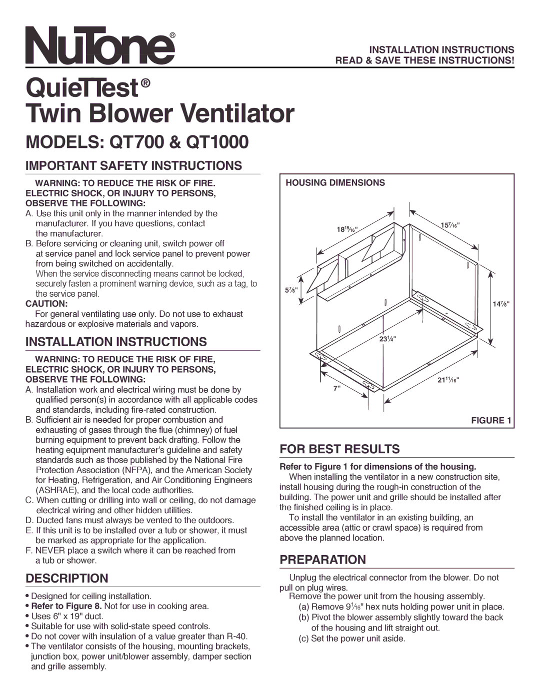 NuTone QT1000 installation instructions Important Safety Instructions, Installation Instructions, Description, Preparation 