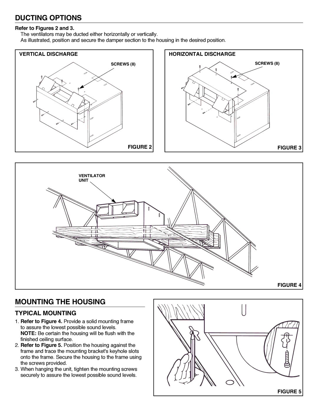 NuTone QT700, QT1000 installation instructions Ducting Options, Mounting the Housing, Typical Mounting 