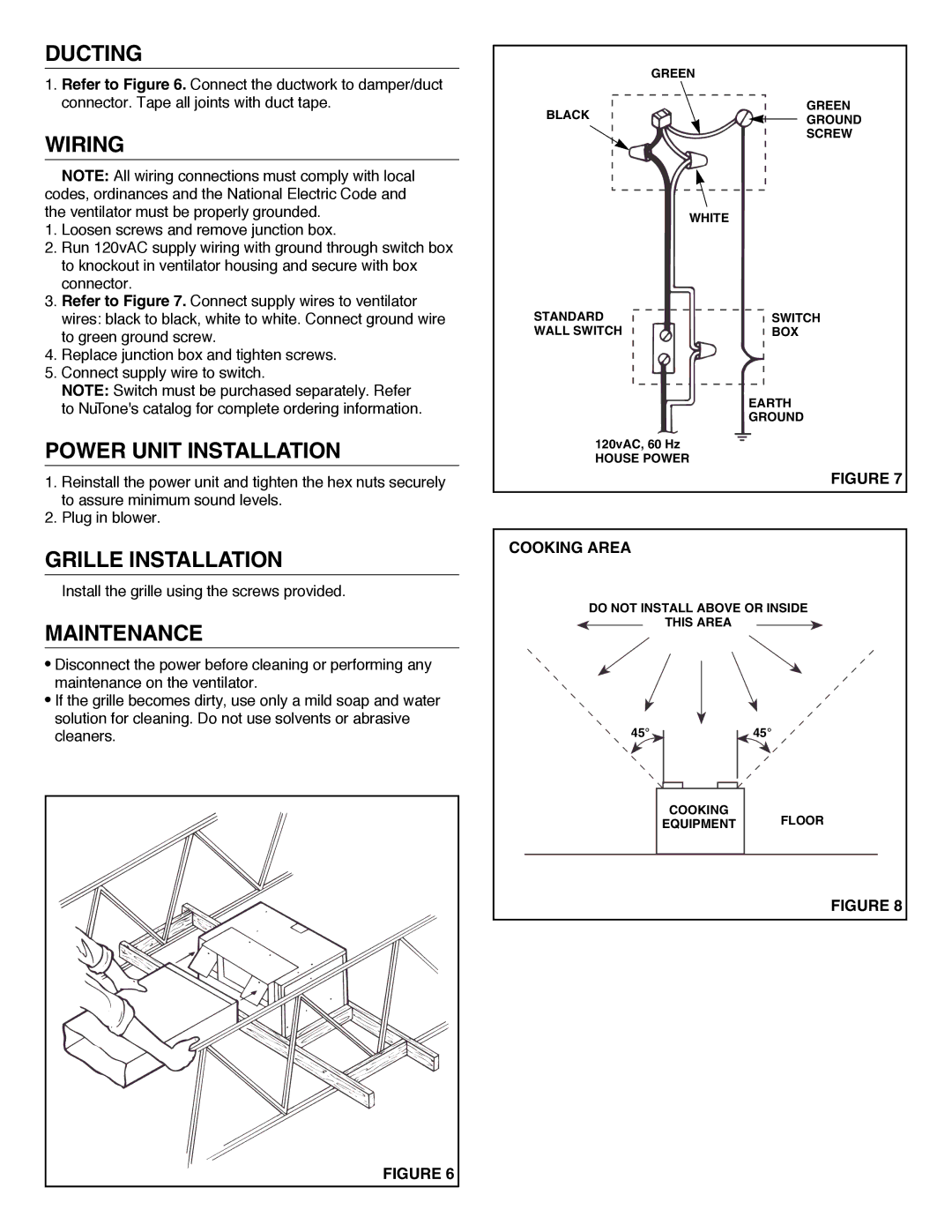 NuTone QT700, QT1000 installation instructions Ducting, Wiring, Power Unit Installation, Grille Installation, Maintenance 