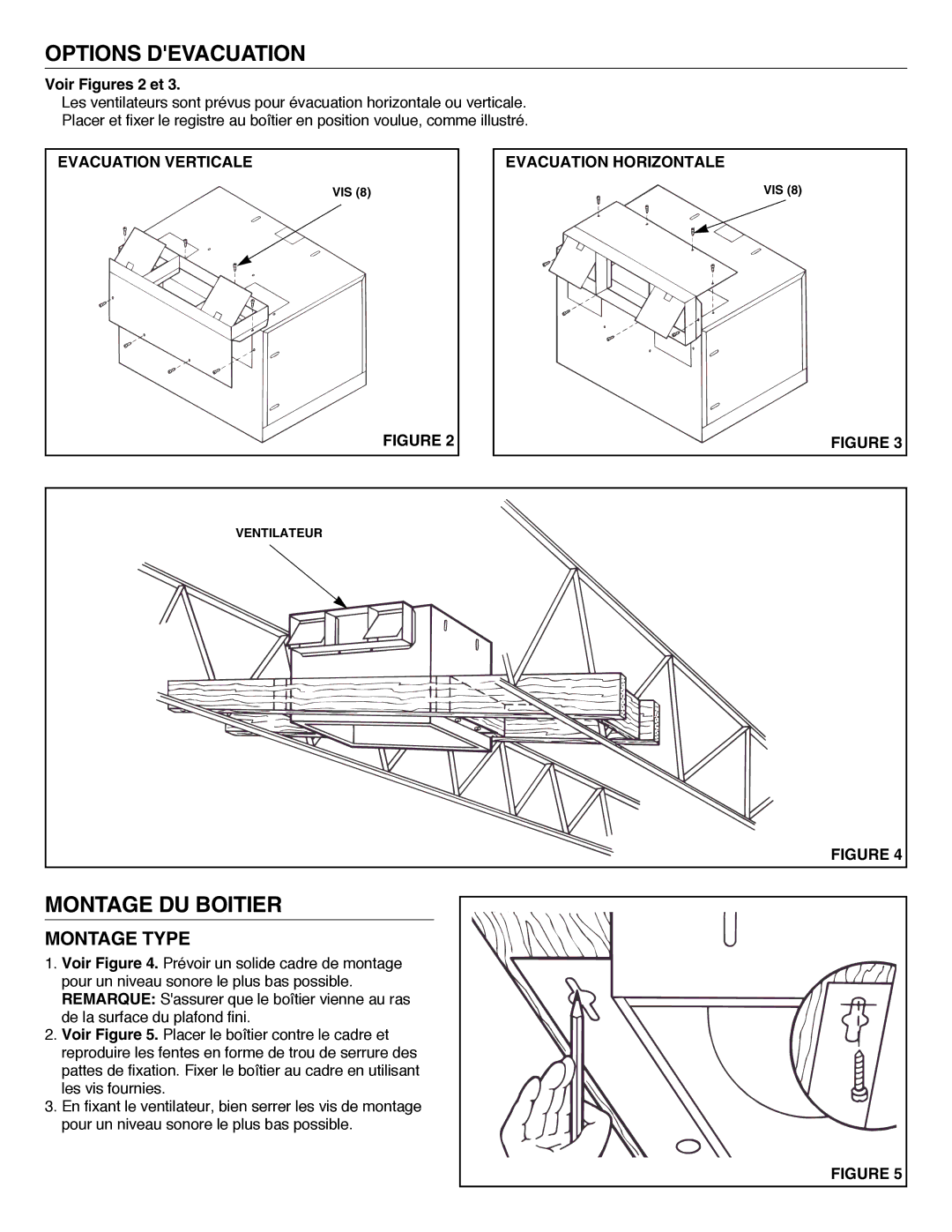 NuTone QT700, QT1000 installation instructions Options Devacuation, Montage DU Boitier, Montage Type 