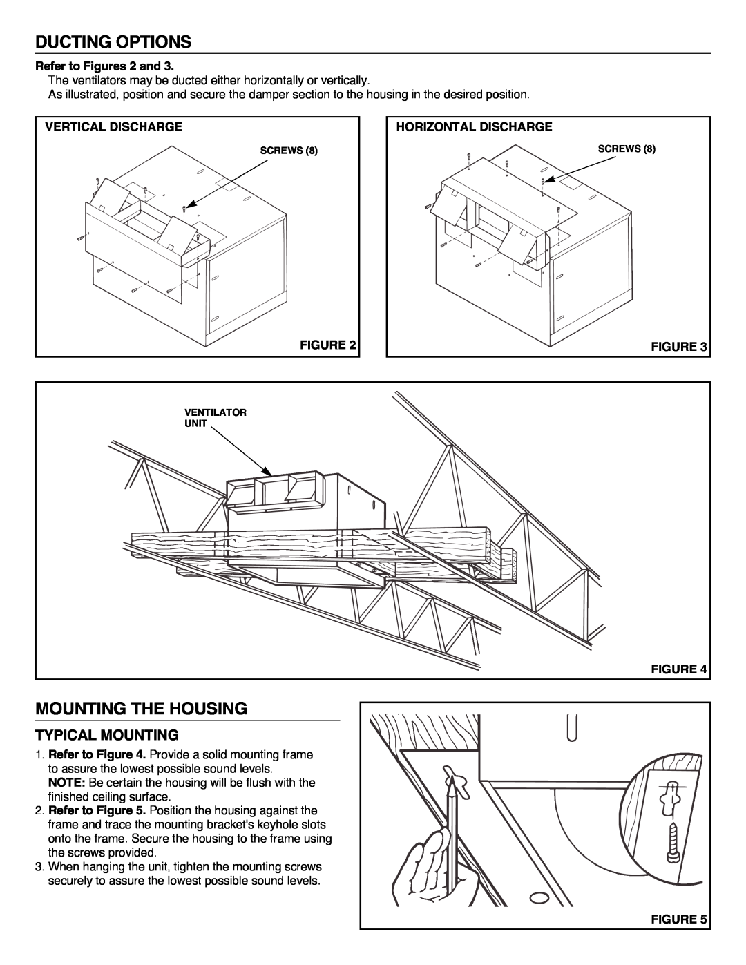 NuTone QT700, QT1000 installation instructions Ducting Options, Mounting The Housing, Typical Mounting 