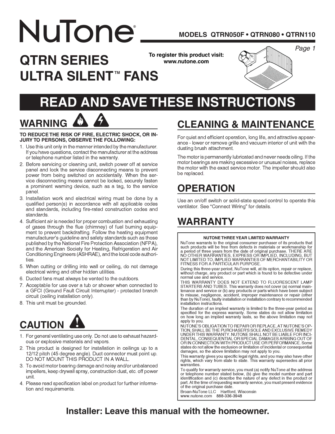 NuTone QTRN110, QTR series, QTRN080 warranty Read and Save These Instructions, Cleaning & Maintenance, Operation, Warranty 