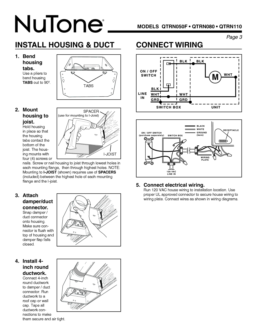 NuTone QTRN050F, QTR series, QTRN110, QTRN080 warranty Install Housing & Duct 