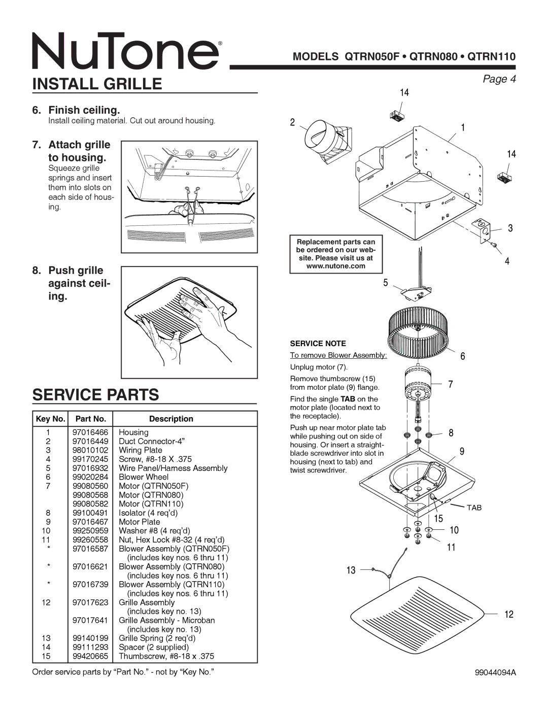 NuTone QTR series Install Grille, Service Parts, Finish ceiling, Attach grille to housing, Push grille against ceil Ing 