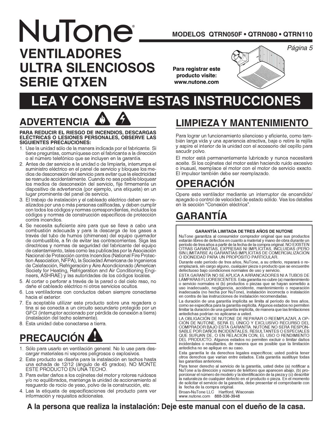 NuTone QTRN110, QTR series, QTRN080, QTRN050F warranty LEA Y Conserve Estas Instrucciones 