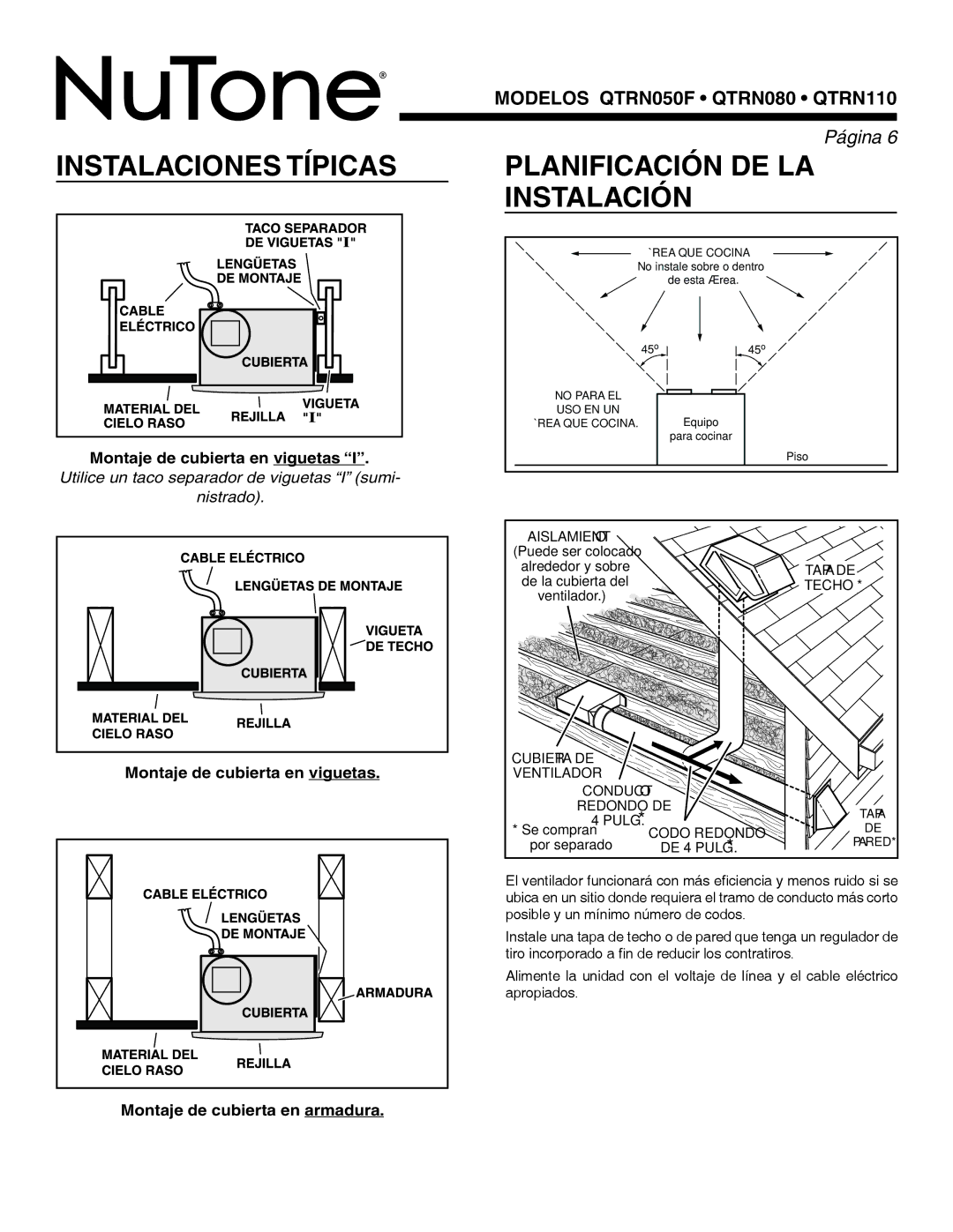 NuTone QTRN080, QTR series, QTRN110, QTRN050F warranty Instalaciones Típicas, Planificación DE LA Instalación, Tapa DE, Techo 