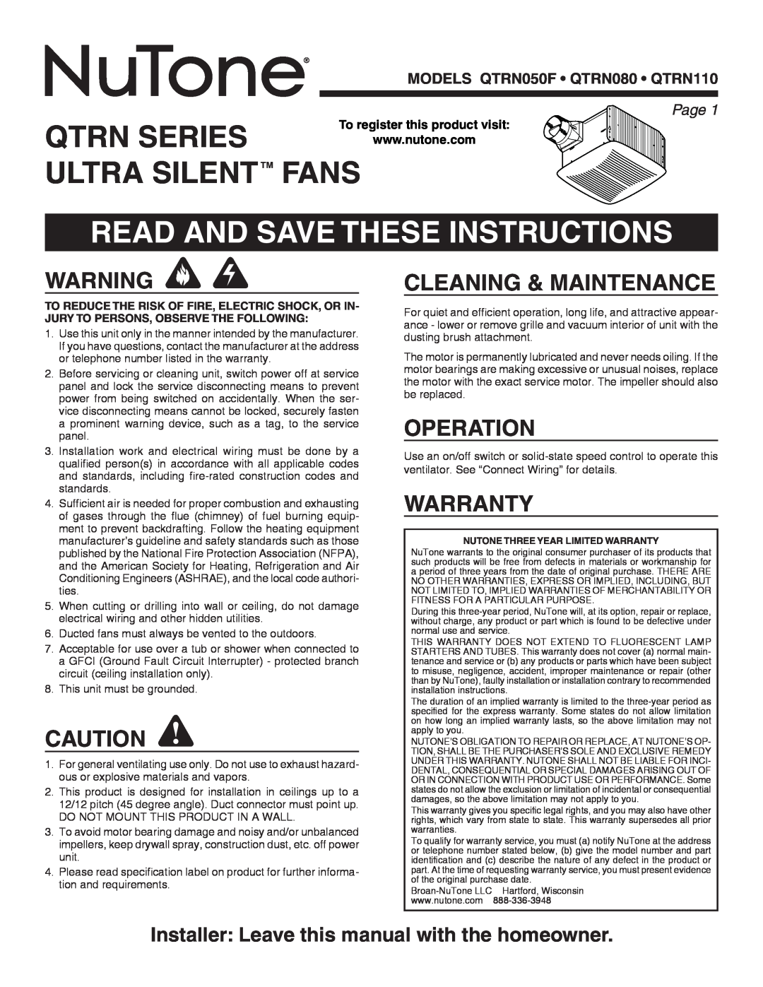 NuTone QTRN110 warranty Qtrn Series, Ultra Silenttm Fans, Read And Save These Instructions, Cleaning & Maintenance, Page  