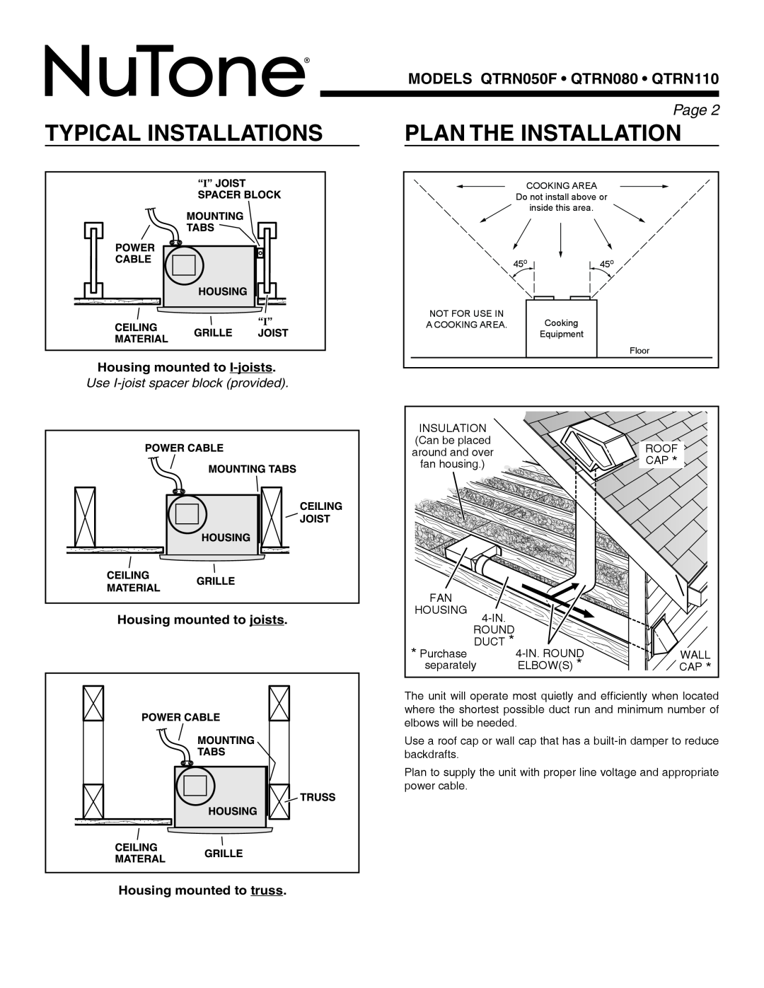 NuTone QTRN080 Typical Installations, Plan The Installation, Page , Housing mounted to I-joists, Housing mounted to truss 