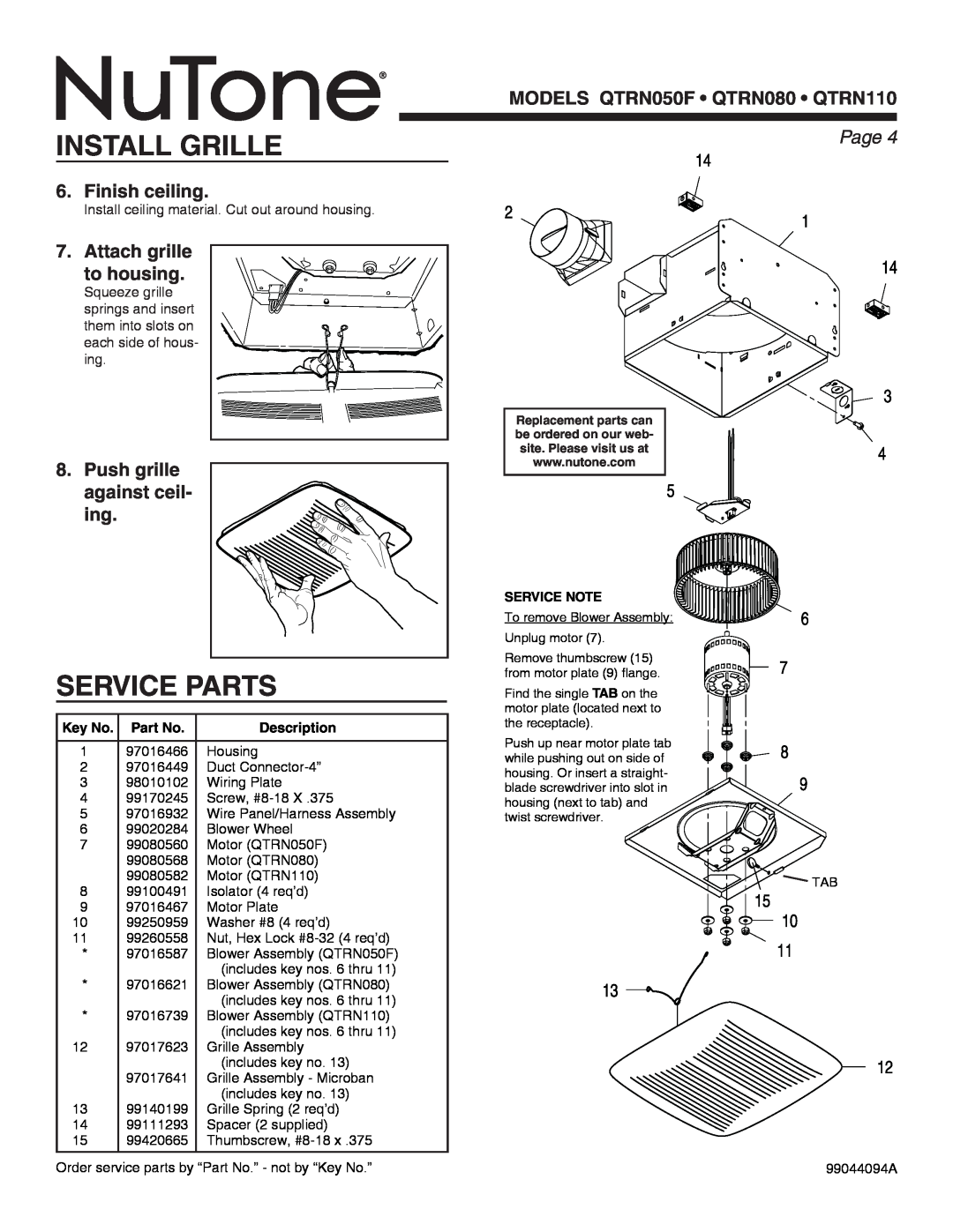 NuTone QTR series, QTRN110, QTRN080, QTRN050F warranty Install Grille, Service Parts, Page , Description 