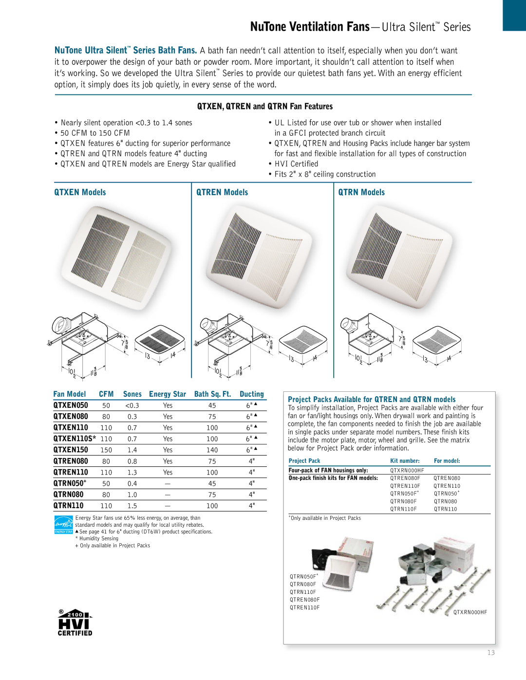 NuTone QTRN, QTREN QTXEN, Qtren and Qtrn Fan Features, Qtren and Qtrn models feature 4 ducting, Qtxen Models Qtren Models 