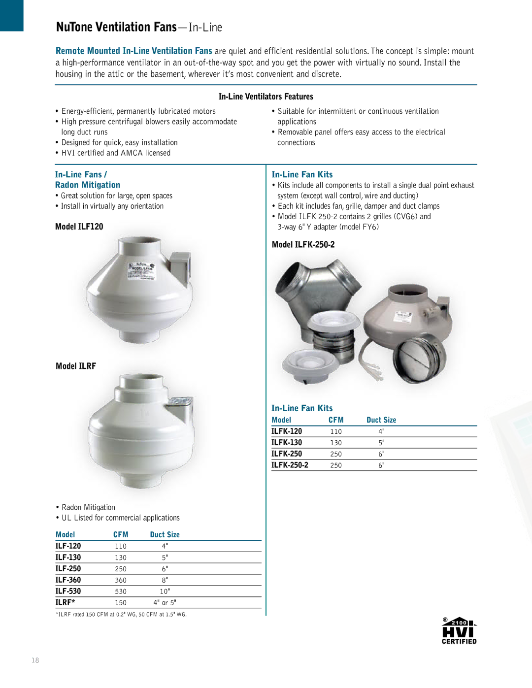 NuTone QTXN, QTREN, QTRN, QTXEN manual NuTone Ventilation Fans-In-Line, In-Line Fans Radon Mitigation, In-Line Fan Kits 