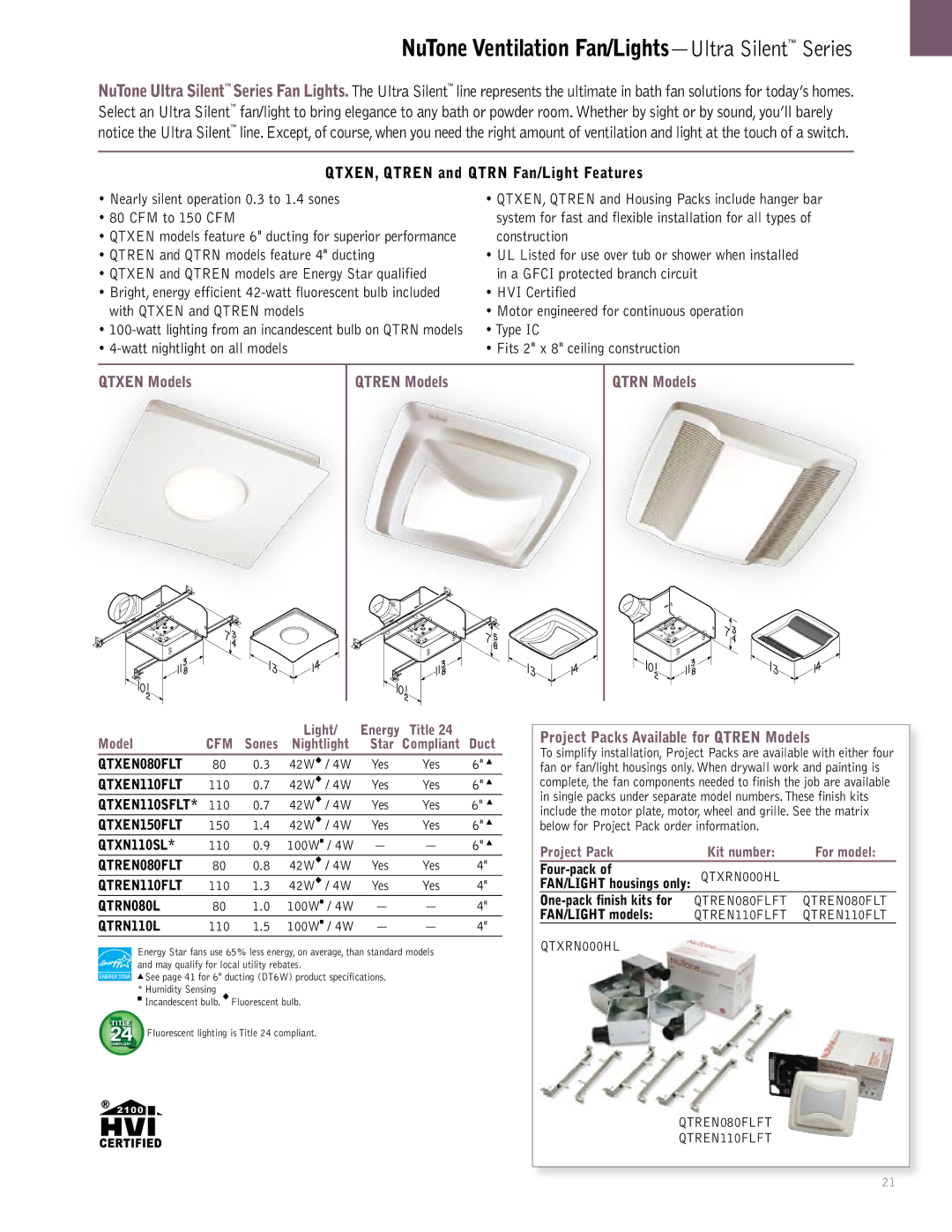 NuTone QTRN, QTREN, QTXN QTXEN, Qtren and Qtrn Fan/Light Features, Nearly silent operation 0.3 to 1.4 sones CFM to 150 CFM 