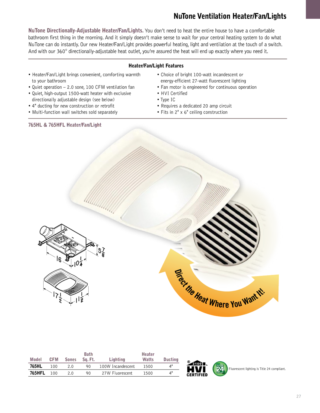 NuTone QTXEN, QTREN, QTRN, QTXN manual NuTone Ventilation Heater/Fan/Lights, Heater/Fan/Light Features 