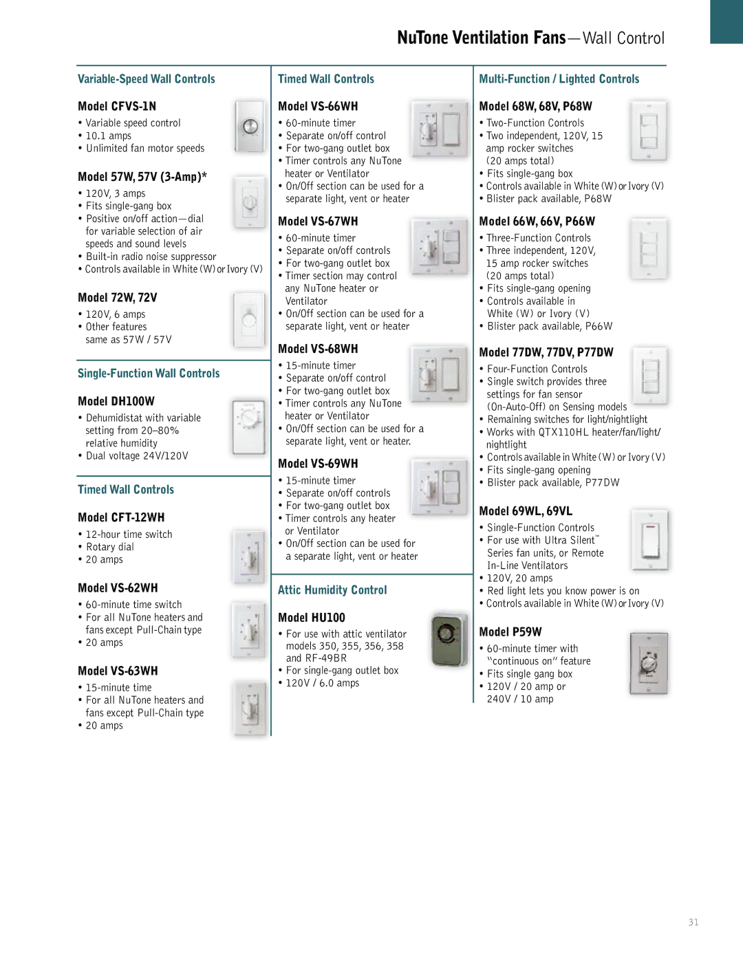 NuTone QTXEN Model CFVS-1N, Model 57W, 57V 3-Amp, Model 72W, Model DH100W, Model CFT-12WH, Model VS-62WH, Model VS-63WH 