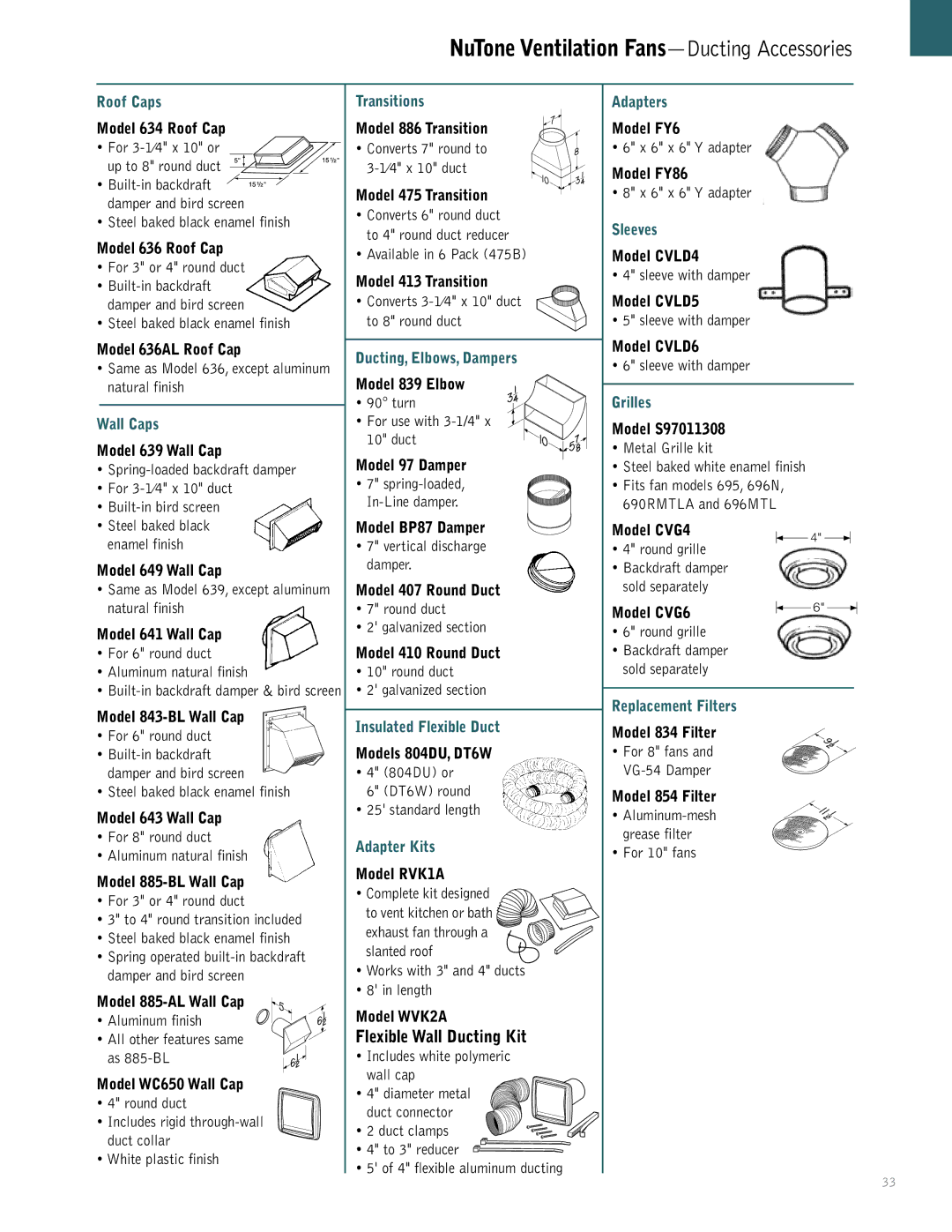 NuTone QTRN, QTREN, QTXN, QTXEN manual NuTone Ventilation Fans-Ducting Accessories 