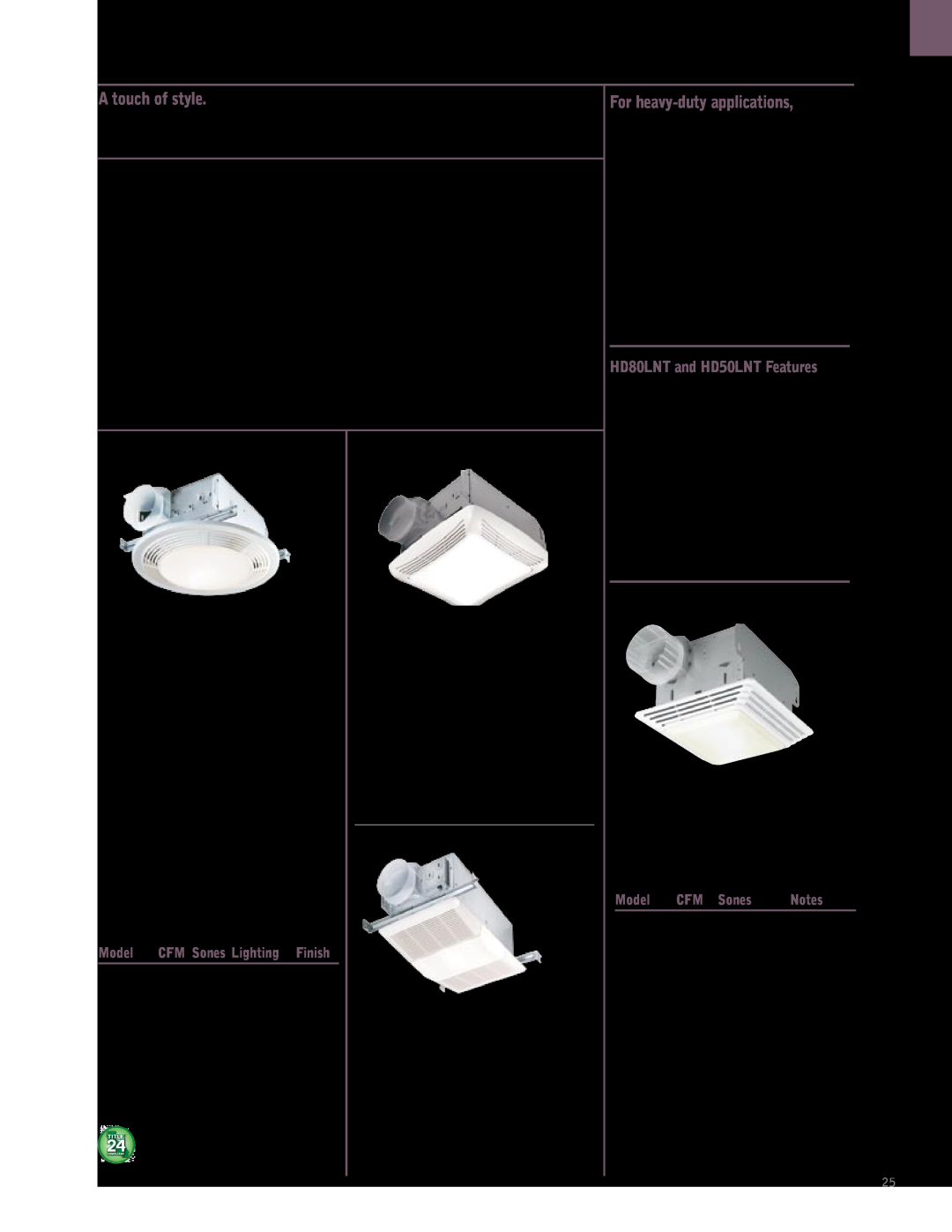 NuTone QTRN NuTone Ventilation Fan/Lights, Designer Fan/Light Combination Unit Features, HD80LNT and HD50LNT Features 