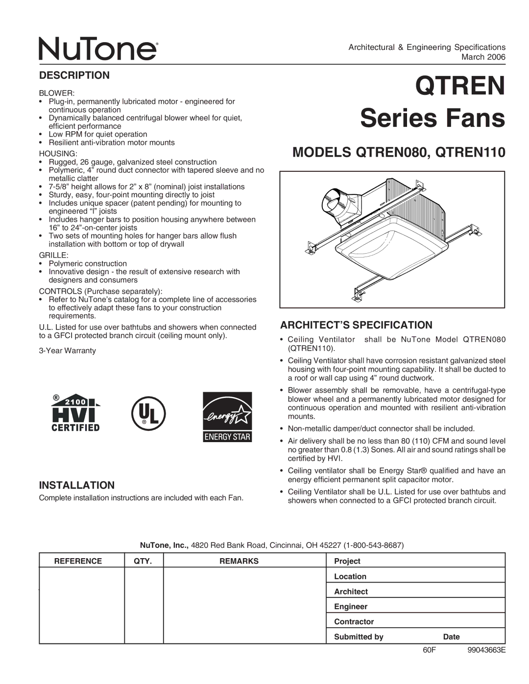 NuTone specifications Models QTREN080, QTREN110, Description, Installation, ARCHITECT’S Specification 