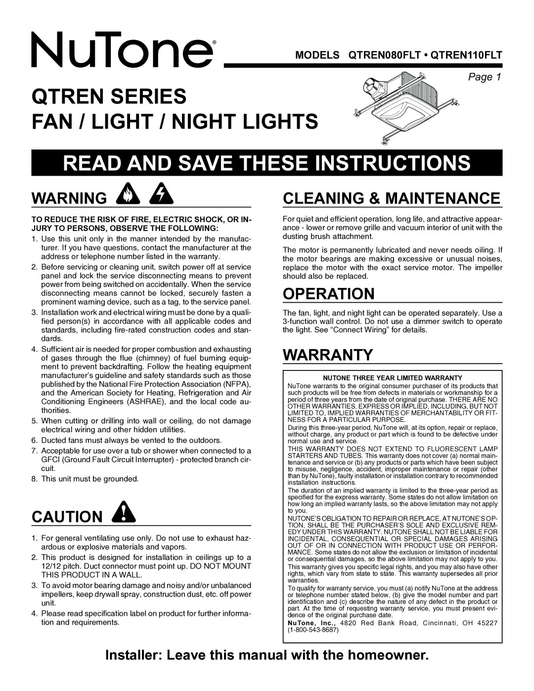 NuTone QTREN080FLT, QTREN110FLT warranty Read and Save These Instructions, Cleaning & Maintenance, Operation, Warranty 