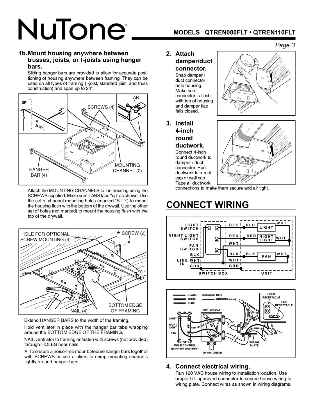 NuTone QTREN080FLT, QTREN110FLT warranty Connect Wiring 