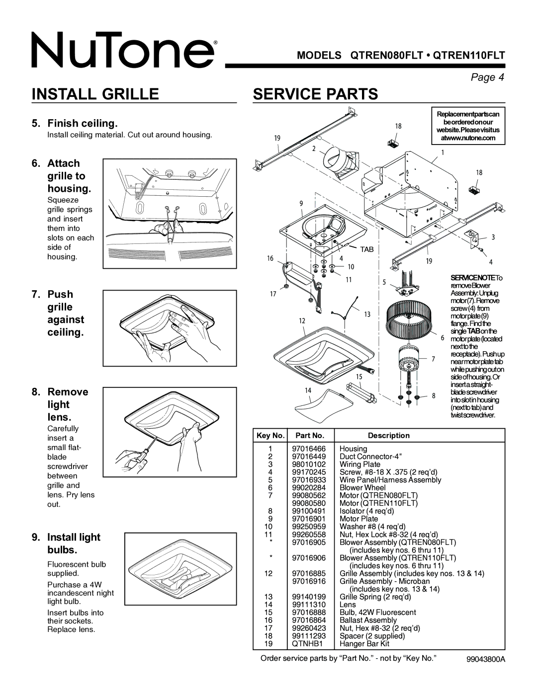 NuTone QTREN110FLT, QTREN080FLT warranty Install Grille, Service Parts 