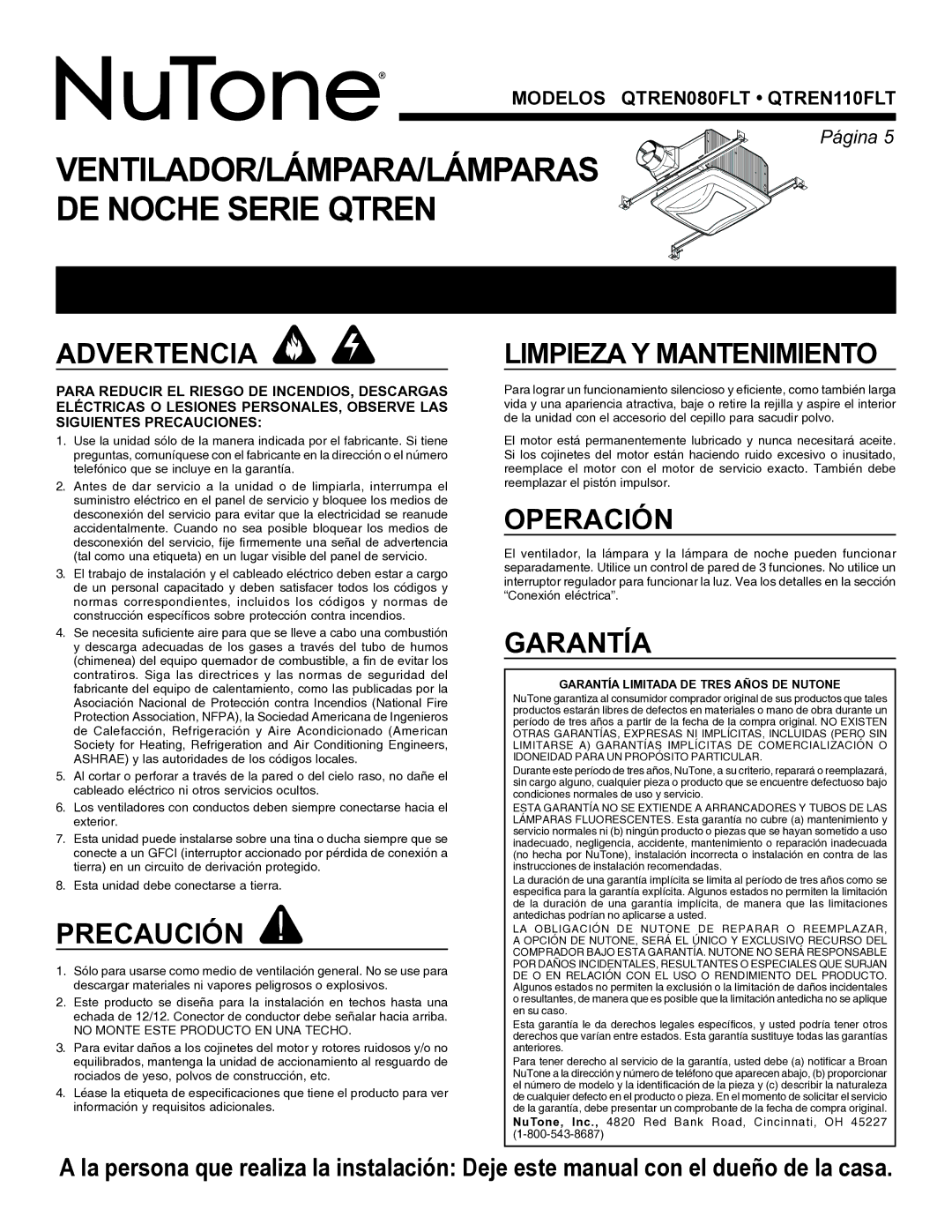 NuTone QTREN080FLT, QTREN110FLT warranty LEA Y Conserve Estas Instrucciones 