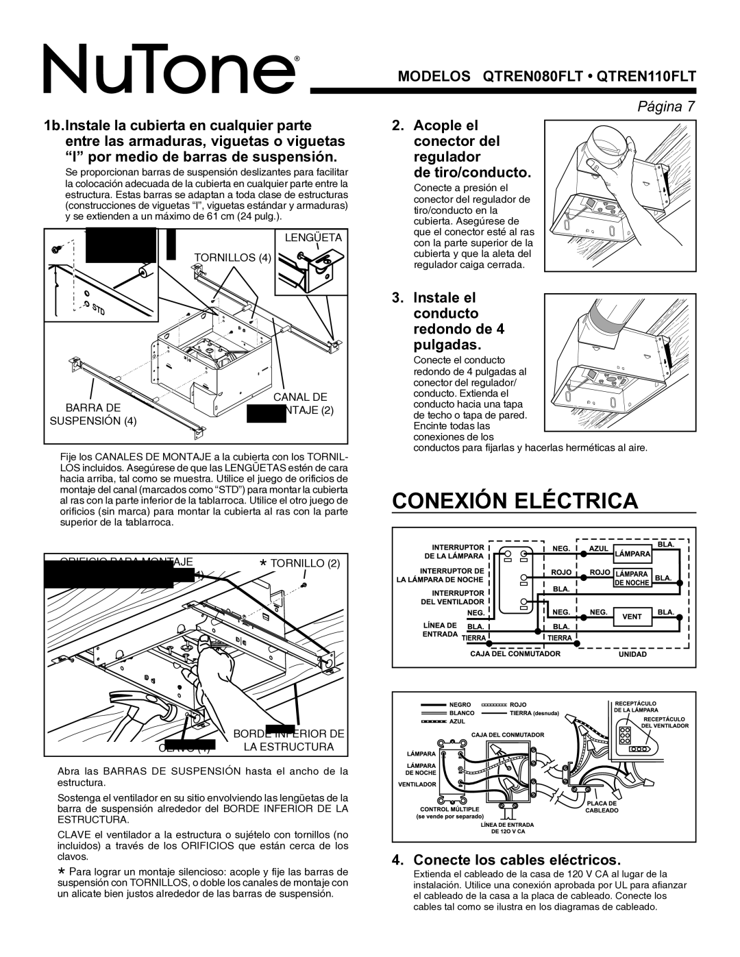 NuTone QTREN080FLT Conexión Eléctrica, Acople el conector del regulador De tiro/conducto, Conecte los cables eléctricos 